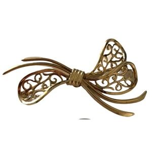 WELLS 1/20 12K GF 2 Filigree Bow Shape Pin Brooch Mid Century Vintage Signed